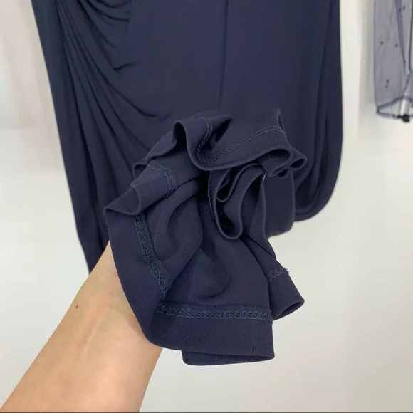 David Meister Navy Blue Long Sleeve Embroidered Organza Lace Dress Designer Gown David Meister Navy Blue Long Sleeve Embroidered Organza Lace Dress Designer Gown